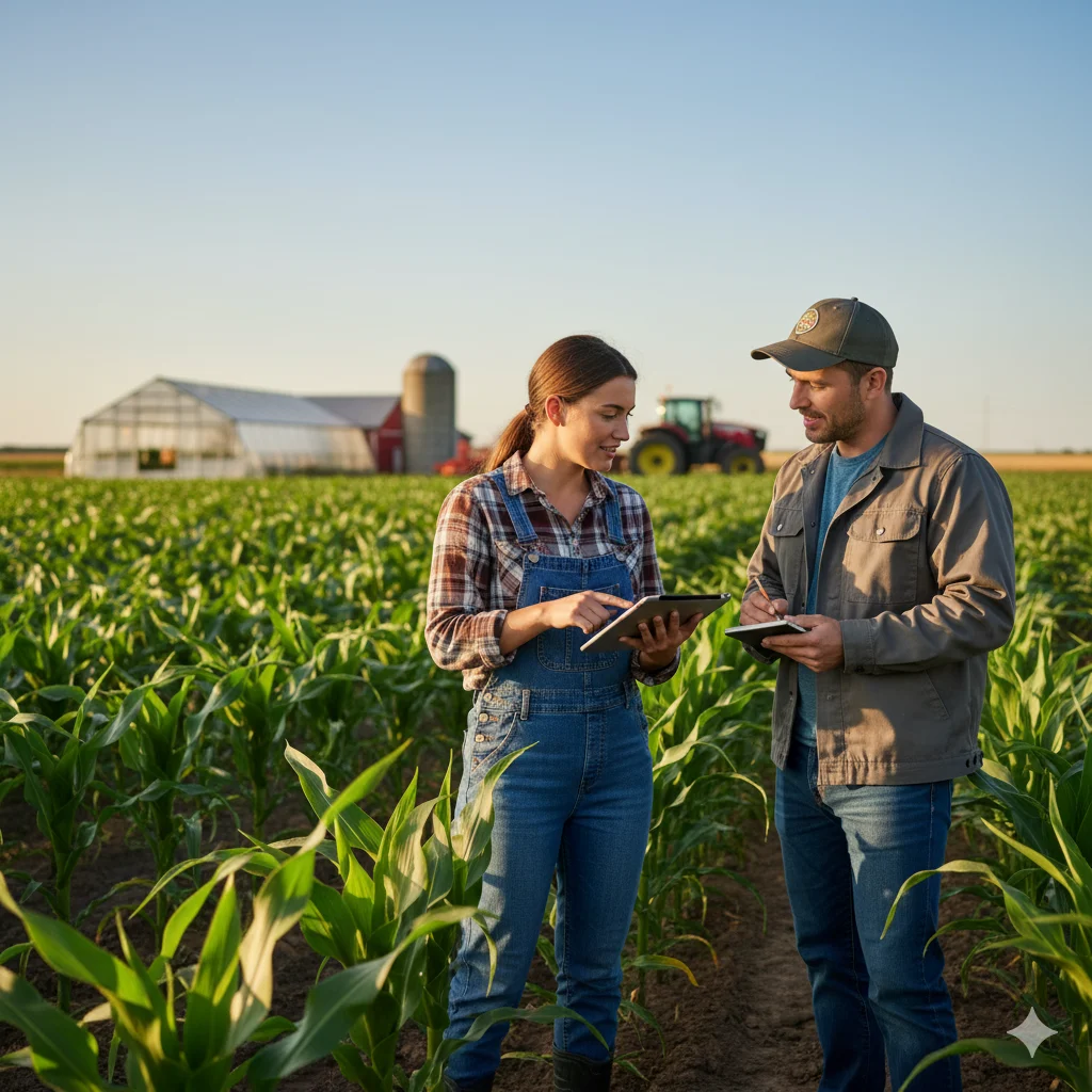 young woman farmer helping young man farmer